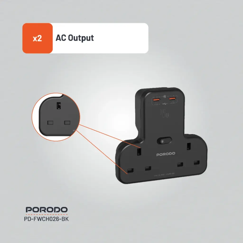 Porodo Multi-Port Wall Socket - Black (2)