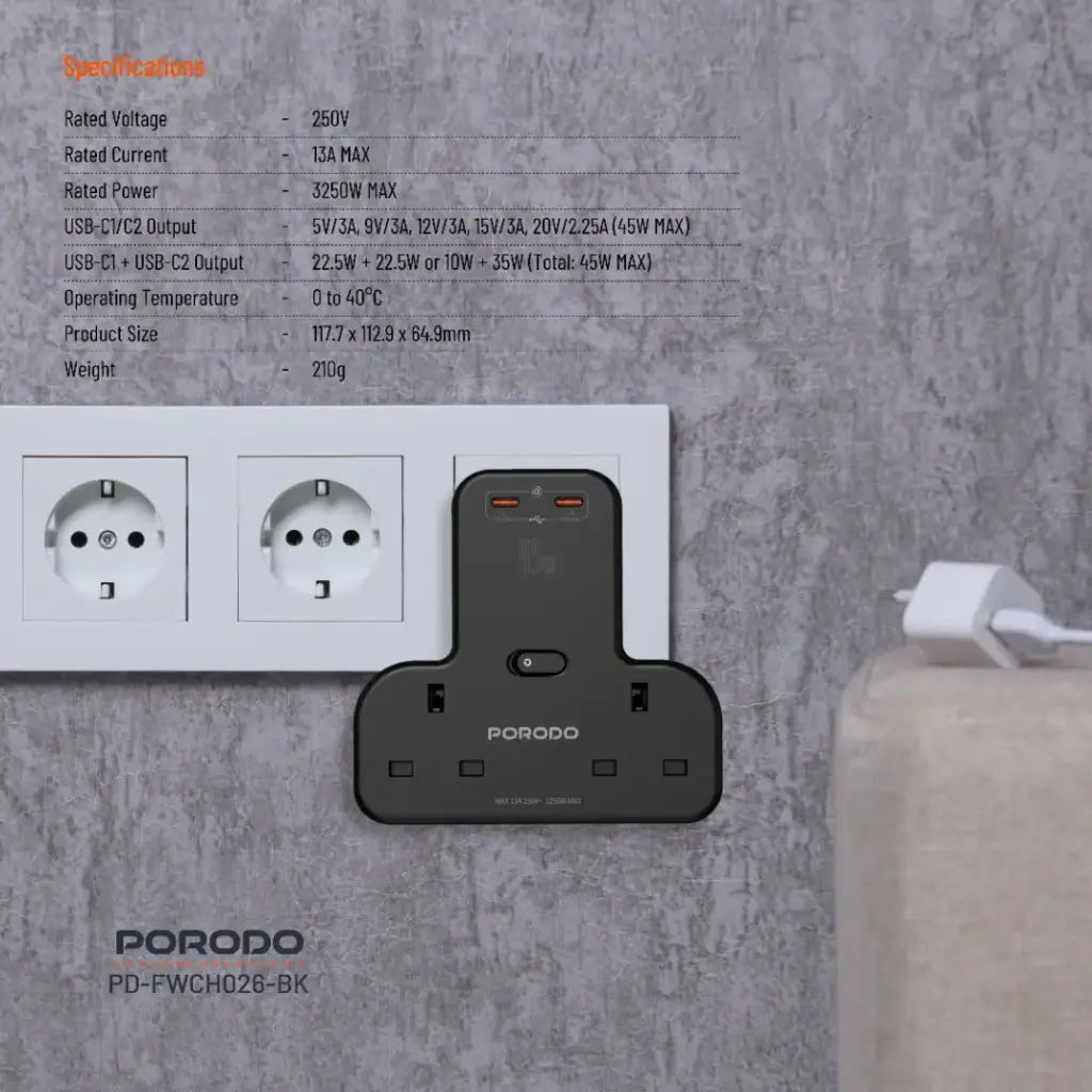 Porodo Multi-Port Wall Socket - Black