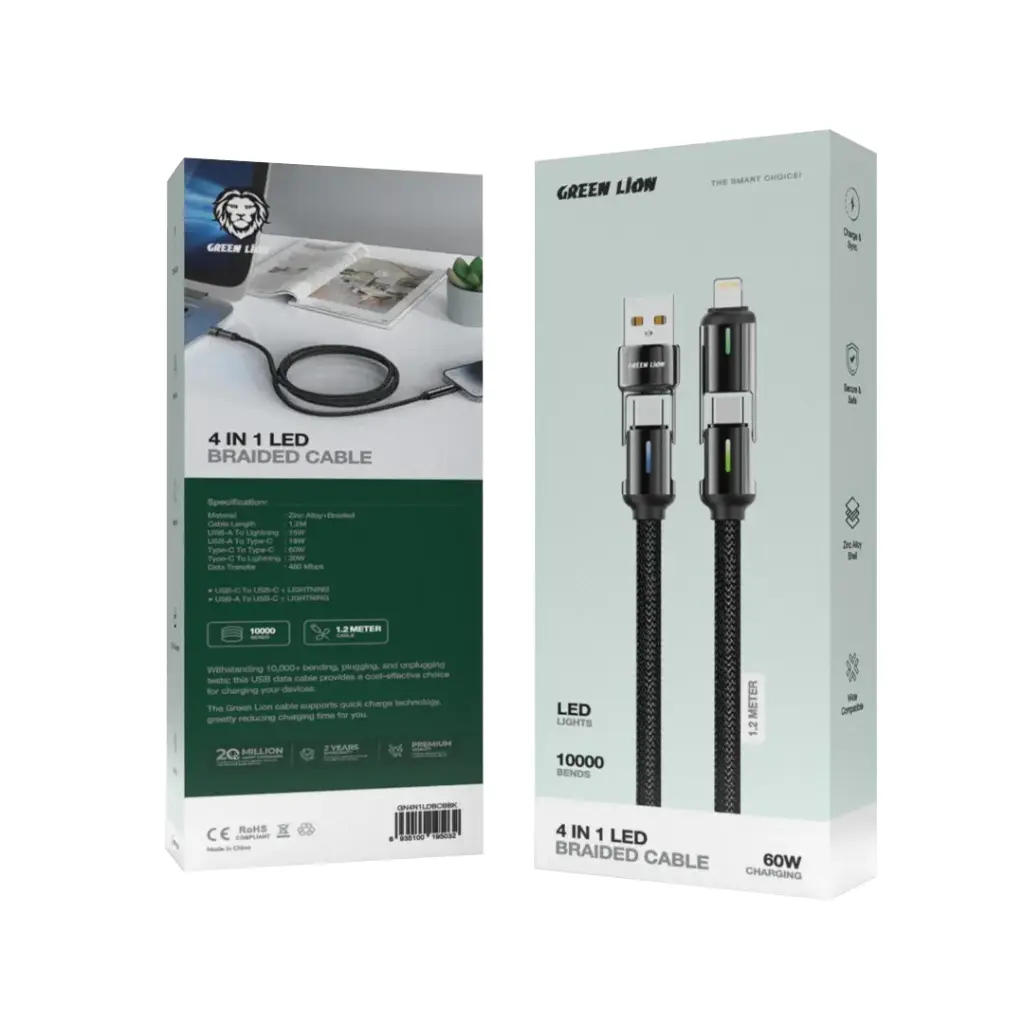 Green Lion 4 in 1 LED Braided Cable 60W - Black