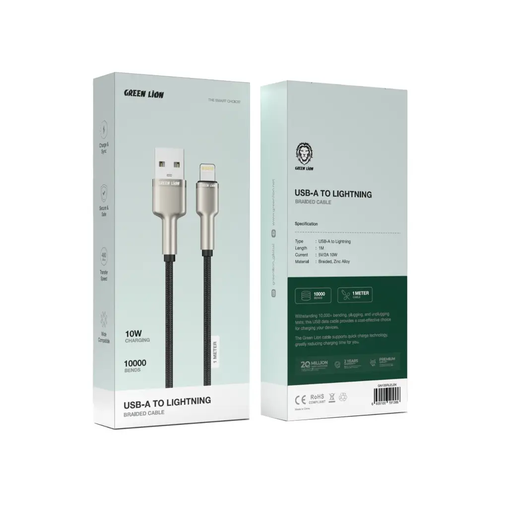 Green Lion USB-A to Lightning Braided Cable - Black