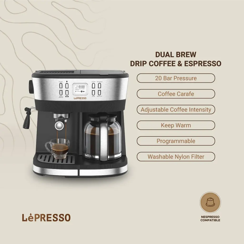 LePresso Dual Brew Espresso & Drip Coffee Machine 20 Bar Pressure, Milk Steamer, Adjustable Temperature, Programmable, Nespresso Compatible - Black _LP002__LPCFFM0002-BK_ (1)