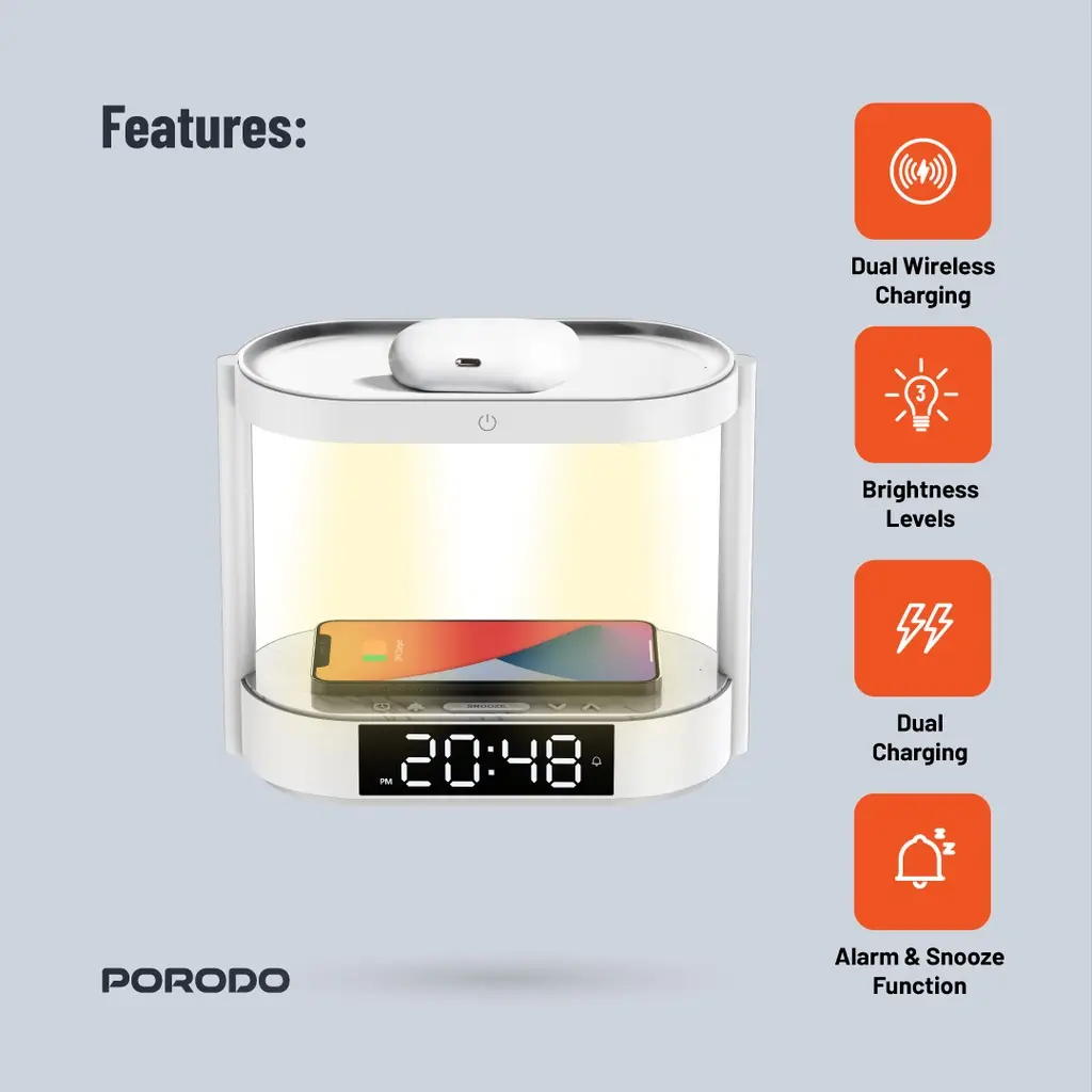 Porodo Bedside Lamp with Wireless Charger and Digital Clock - White (3)