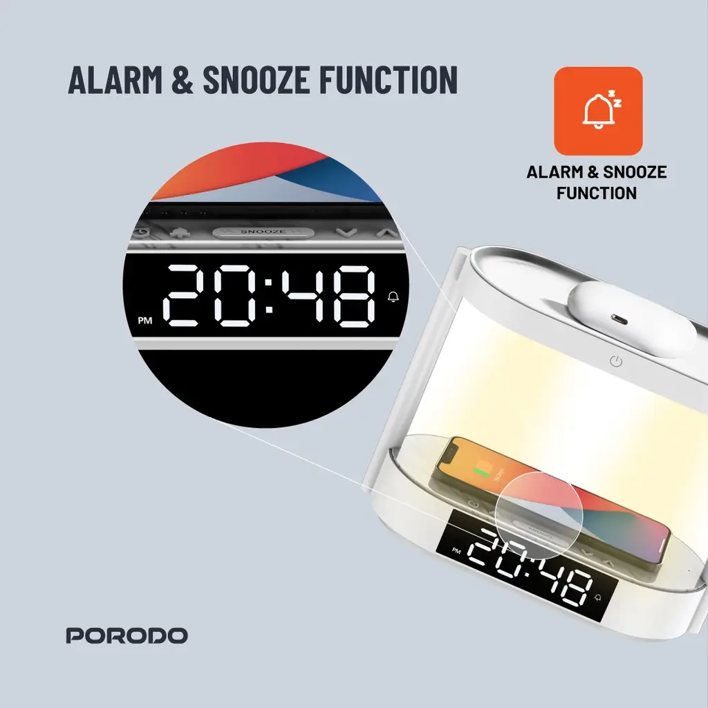 Porodo Bedside Lamp with Wireless Charger and Digital Clock - White (4)