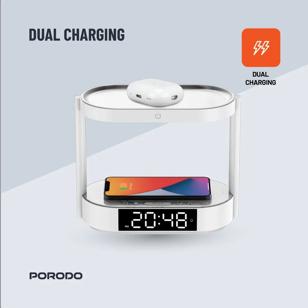 Porodo Bedside Lamp with Wireless Charger and Digital Clock - White (5)