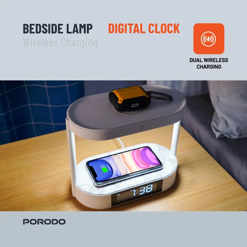 Porodo Bedside Lamp with Wireless Charger and Digital Clock - White (6)