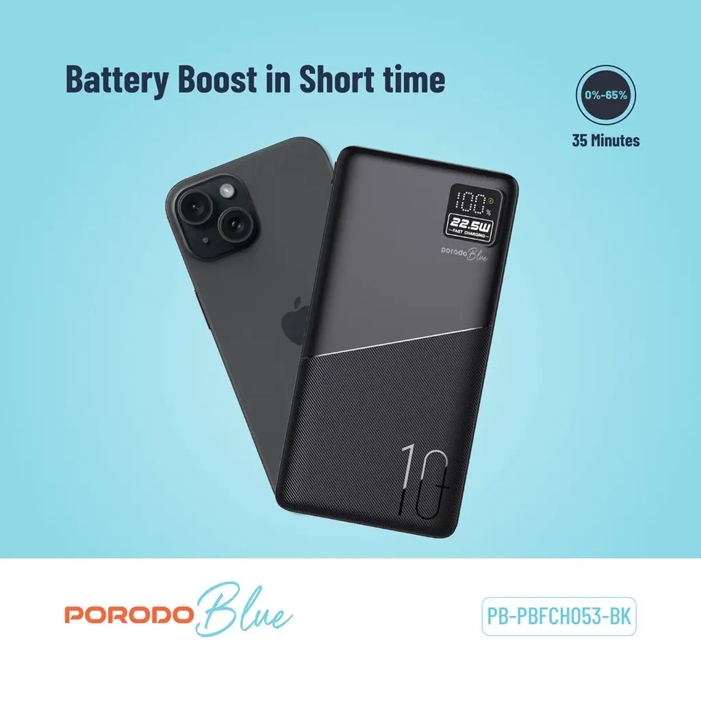 Porodo Blue 10000mAh Quick Charge Power Bank USB-A and USB-C Output (1)