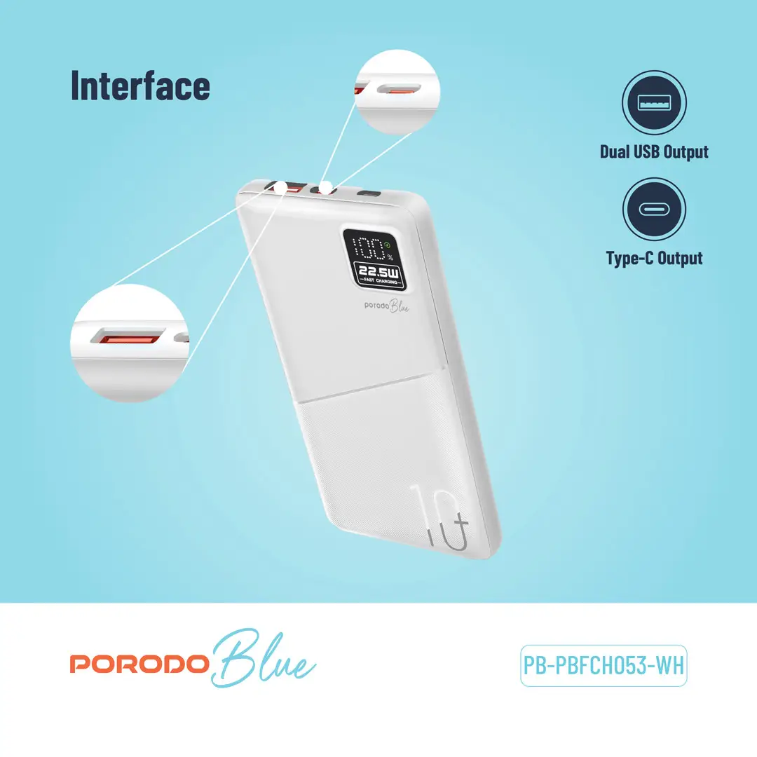 Porodo Blue 10000mAh Quick Charge Power Bank USB-A and USB-C Output (3)