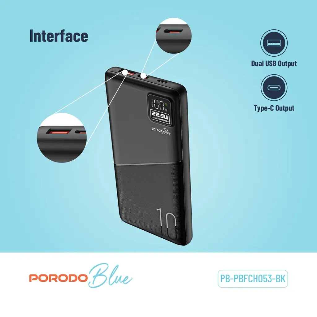 Porodo Blue 10000mAh Quick Charge Power Bank USB-A and USB-C Output
