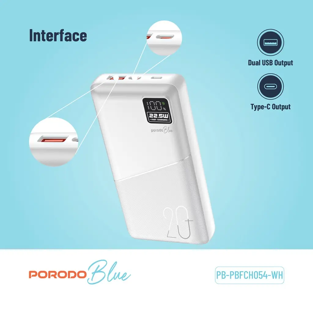 Porodo Blue 20000mAh Quick Charge Power Bank USB-A and USB-C Output (3)