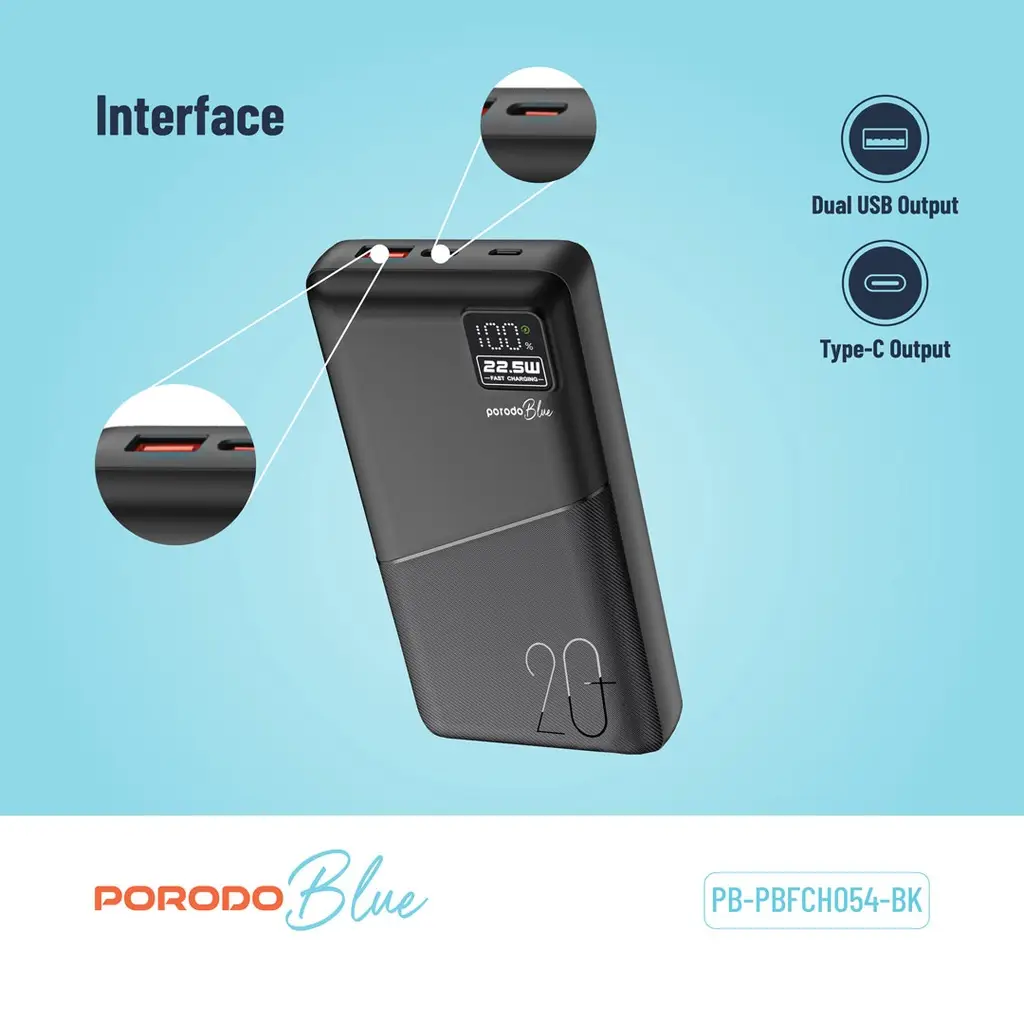 Porodo Blue 20000mAh Quick Charge Power Bank USB-A and USB-C Output