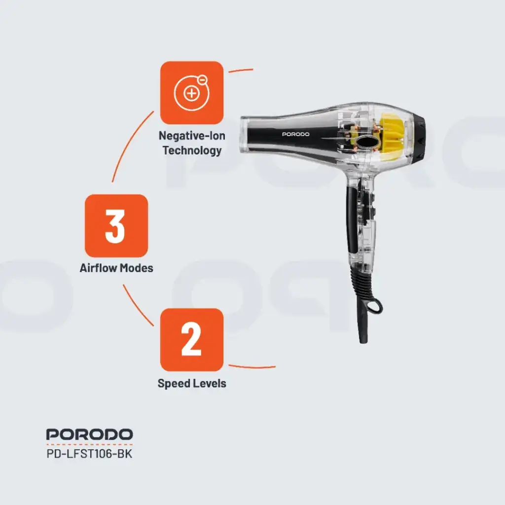 Porodo Lifestyle Crystal Shell Hair Dryer - Black (1)