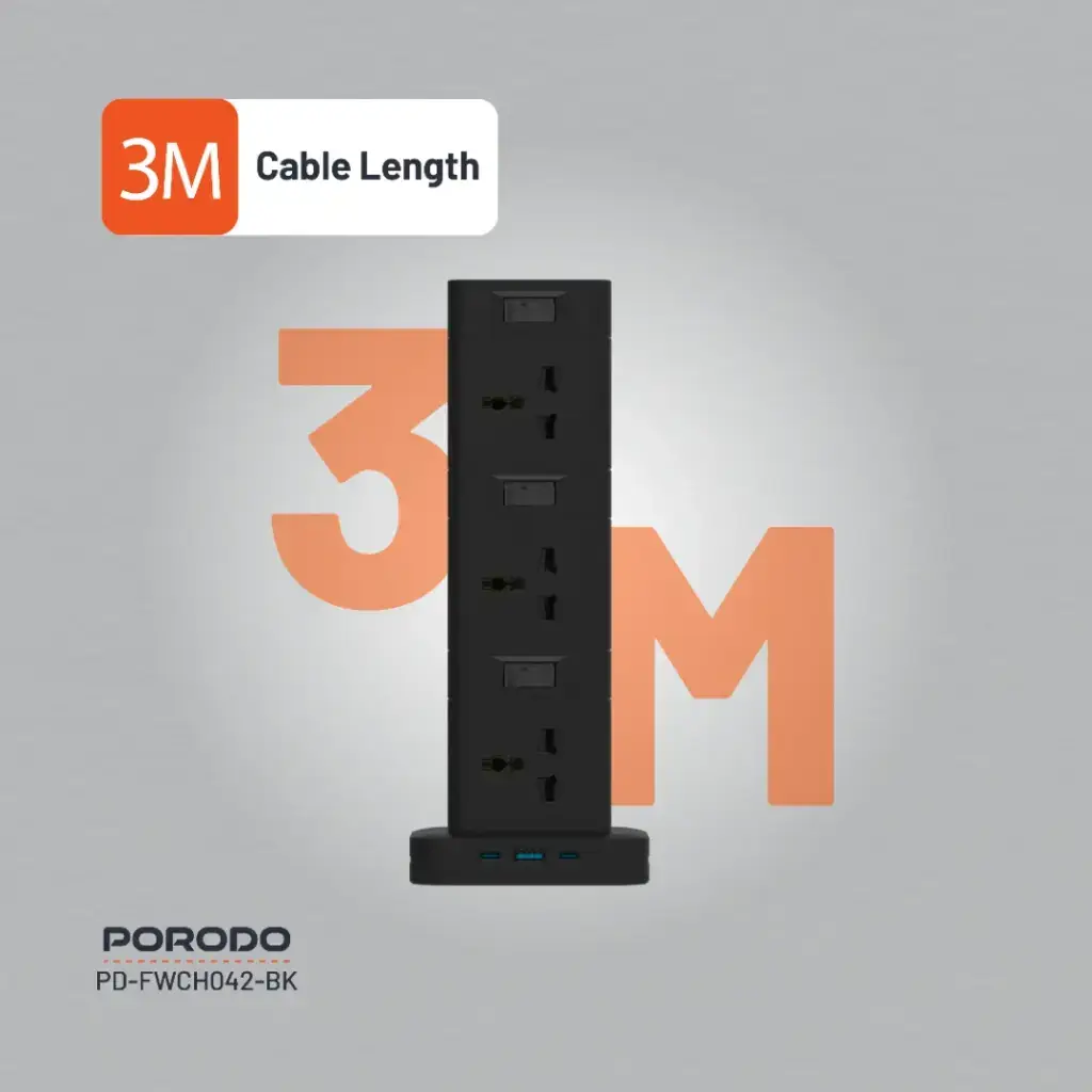 Porodo Three-Story 12AC Power Hub With USB-C PD & Quick Charge 3.0 - Black (2)