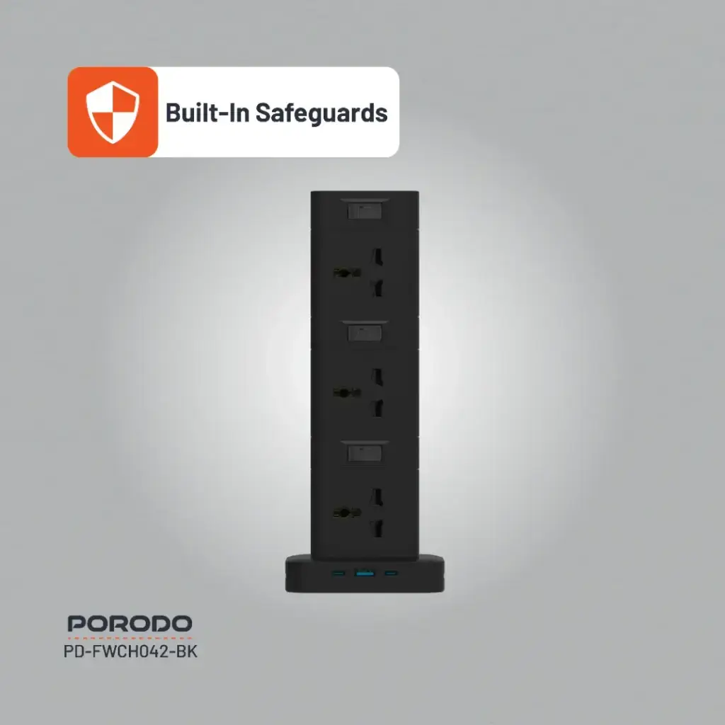 Porodo Three-Story 12AC Power Hub With USB-C PD & Quick Charge 3.0 - Black (3)