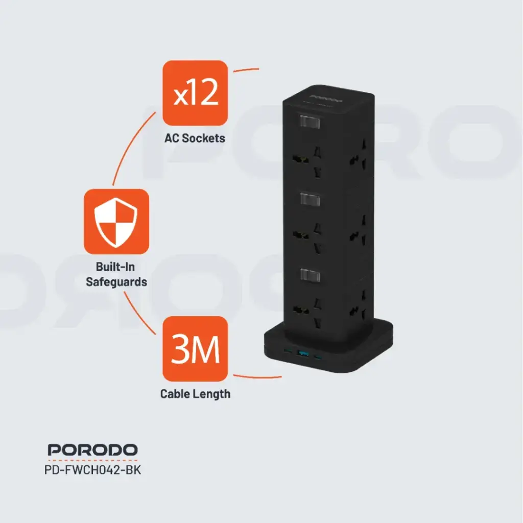 Porodo Three-Story 12AC Power Hub With USB-C PD & Quick Charge 3.0 - Black (4)