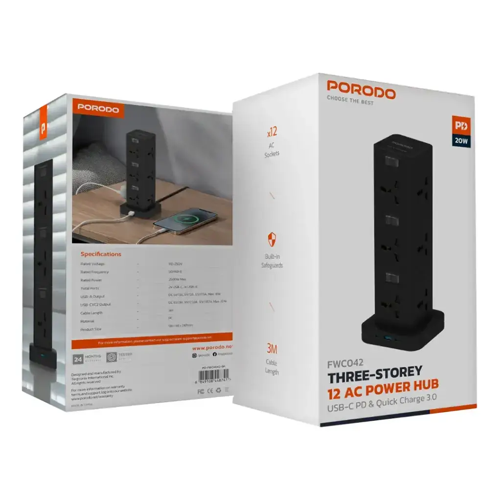 Porodo Three-Story 12AC Power Hub With USB-C PD & Quick Charge 3.0 - Black (5)