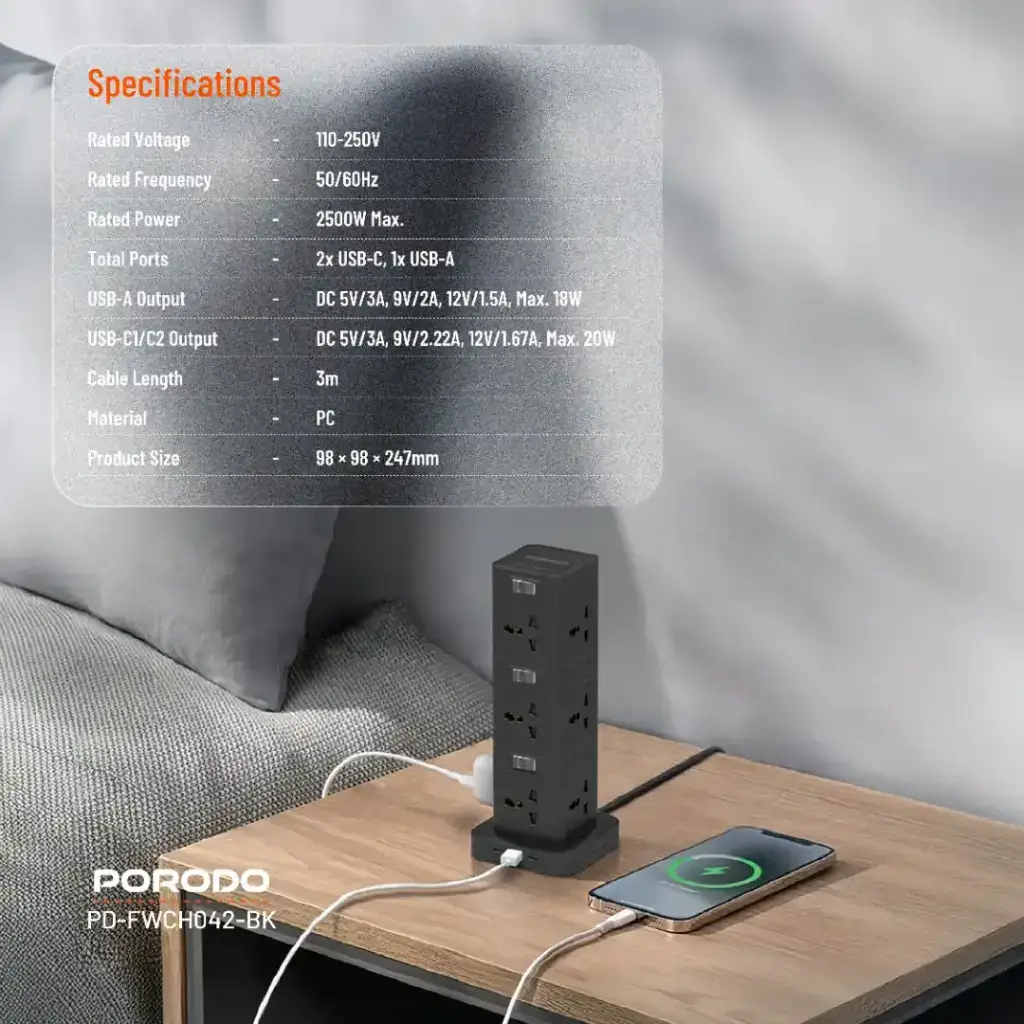 Porodo Three-Story 12AC Power Hub With USB-C PD & Quick Charge 3.0 - Black