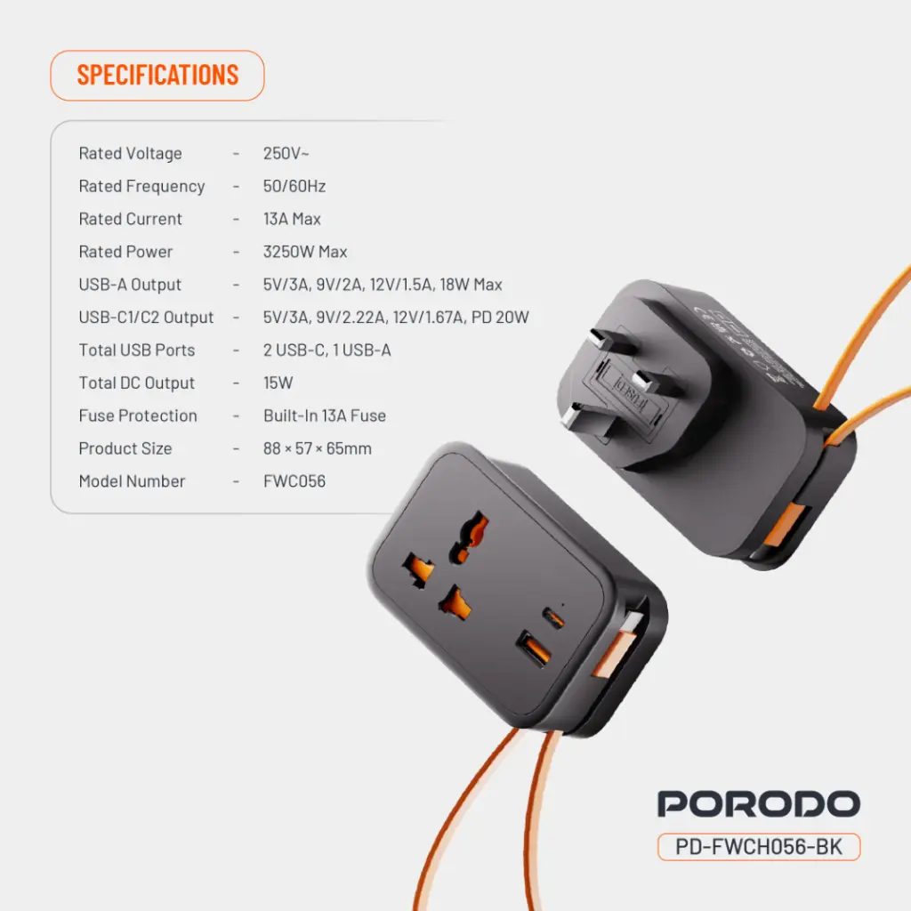 Porodo Universal Wall Sockets - Black
