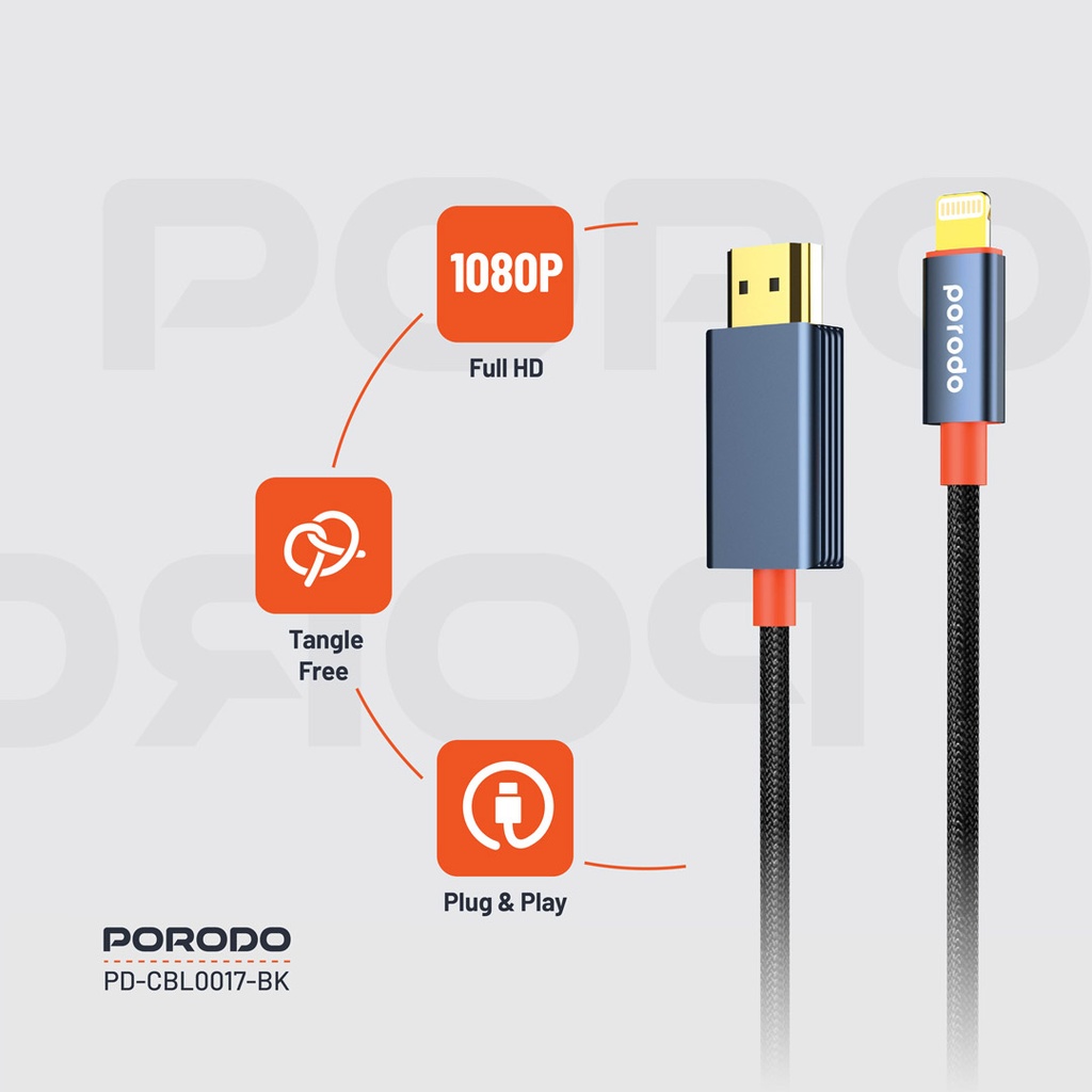 Porodo Woven Cable Lightning to HDMI - Black (1)