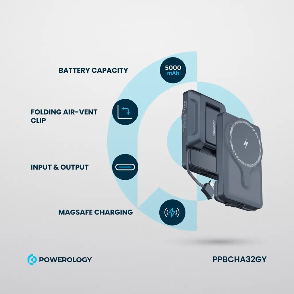 Powerology 5000mAh Power Bank With Magnetic Wireless Charger Car Mount (4)