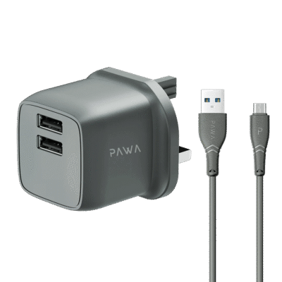 شارژر دیواری دو پورت PocketMini پاوا Pawa (استاندارد UK) با کابل Micro USB