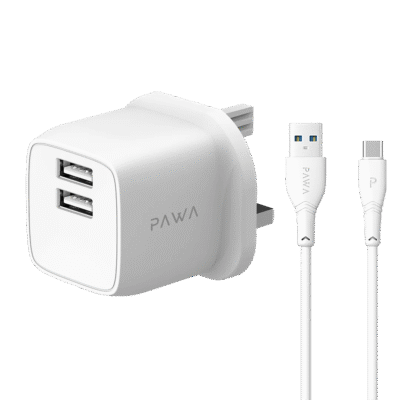 شارژر 2 پورت پاوا Pawa PocketMini Dual USB Travel Charger UK Standard USB-A to Type-C Cable