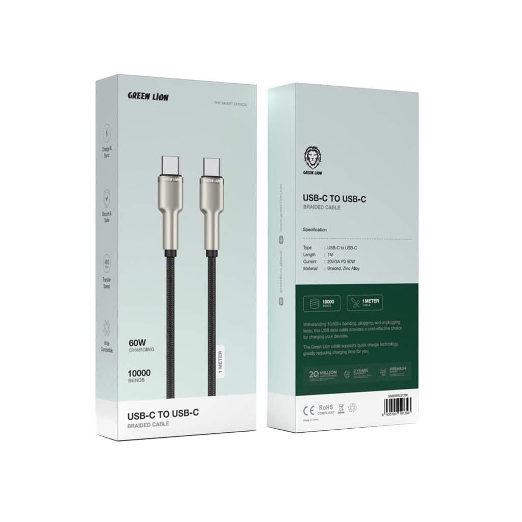 کابل-USB-C-به-USB-C-با-روکش-فلزی-60W-گرین-لاین-Green-Lion-USB-C-to-USB-C-Braided-Zinc-Alloy-Cable-GN60BRC2CBK-1