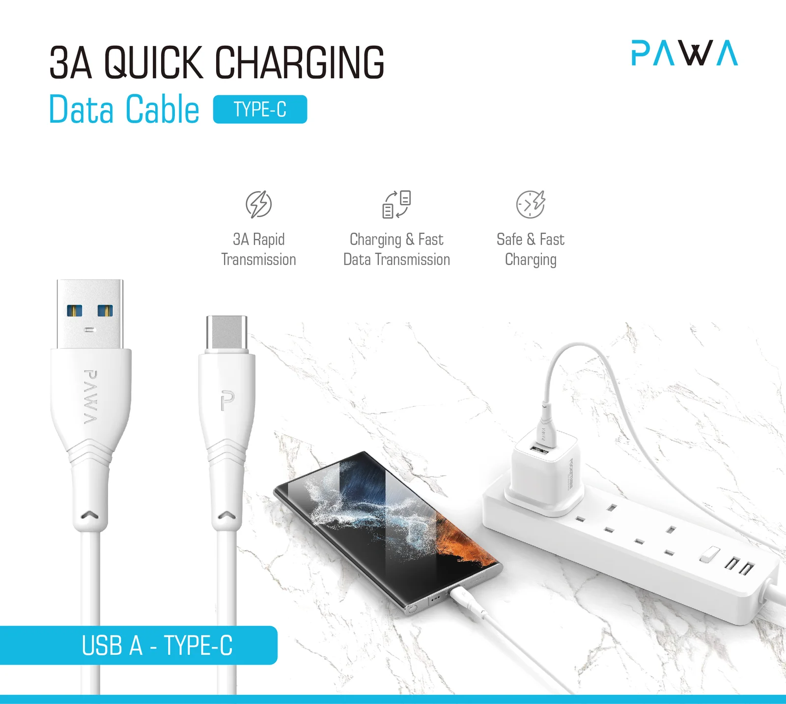 کابل شارژ سریع پاوا (Pawa) USB-A به Type-C سه آمپر PVC طول 1.2 متر (2)