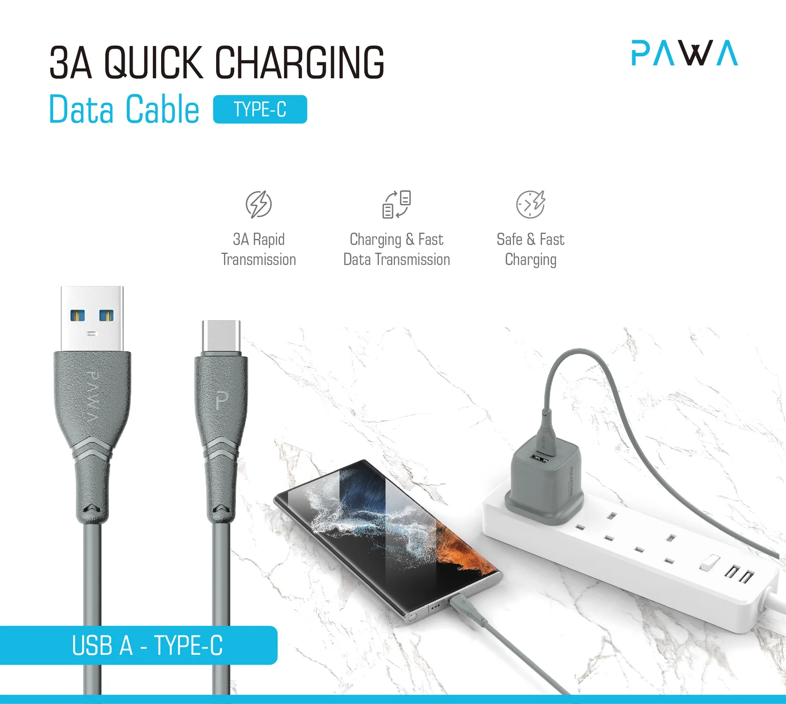 کابل شارژ سریع پاوا Pawa، با شدت جریان ۳ آمپر USB-A به Type-C با روکش PVC و طول 1.2 متر (2)