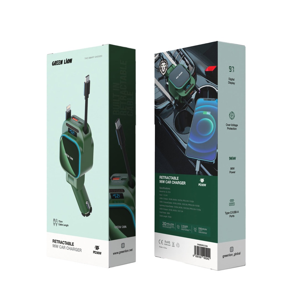 Green Lion Retractable 96W Car Charger - Green