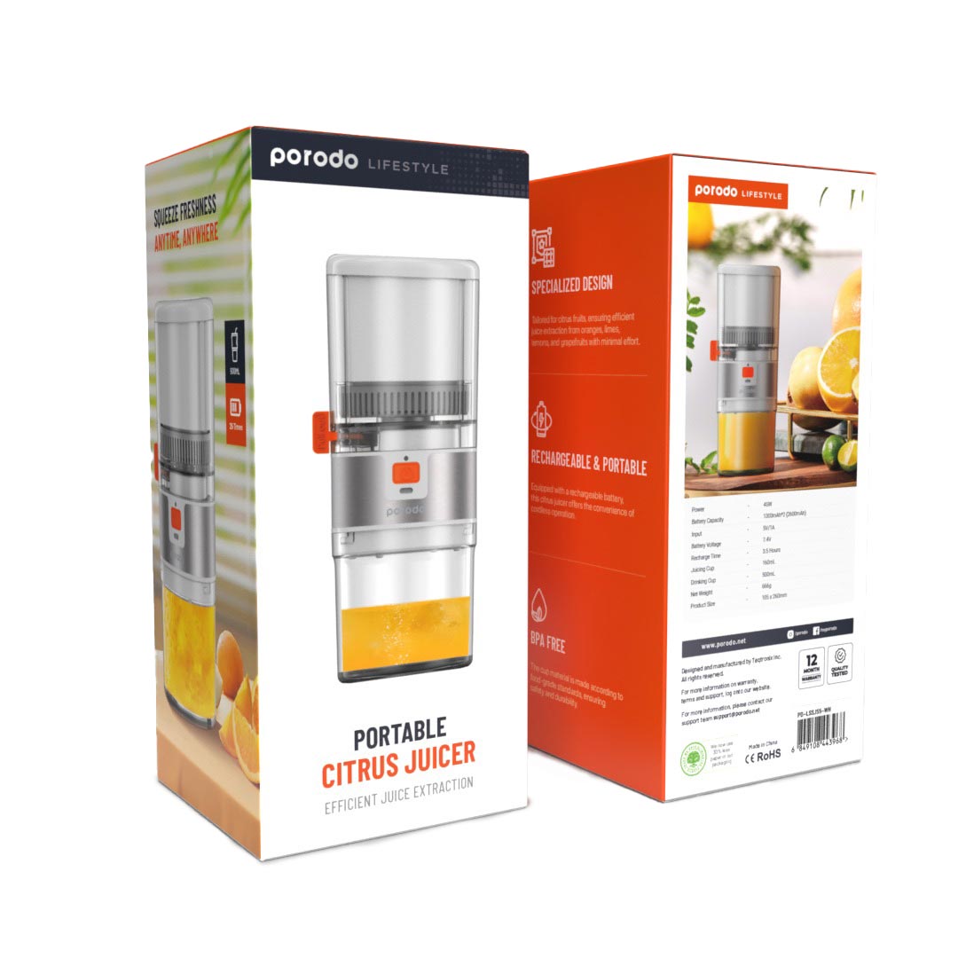Porodo Lifestyle Portable Slow Juicer 55W - White - Orange
