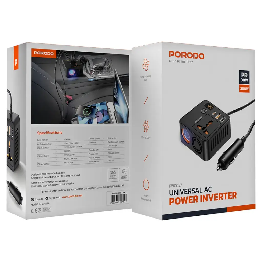 Porodo Universal Ac Power Inverter - Black