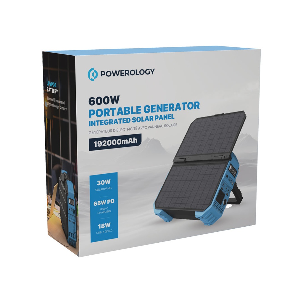 Powerology 600W Portable Power Generator Integrated Solar Panel