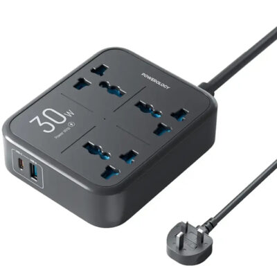 چند راهی و محافظ برق 3250 وات سه سوکت، یک USB و یک تایپ‌سی پاورولوژی Powerology PWCUQC037 Power Strip 3250W 3AC