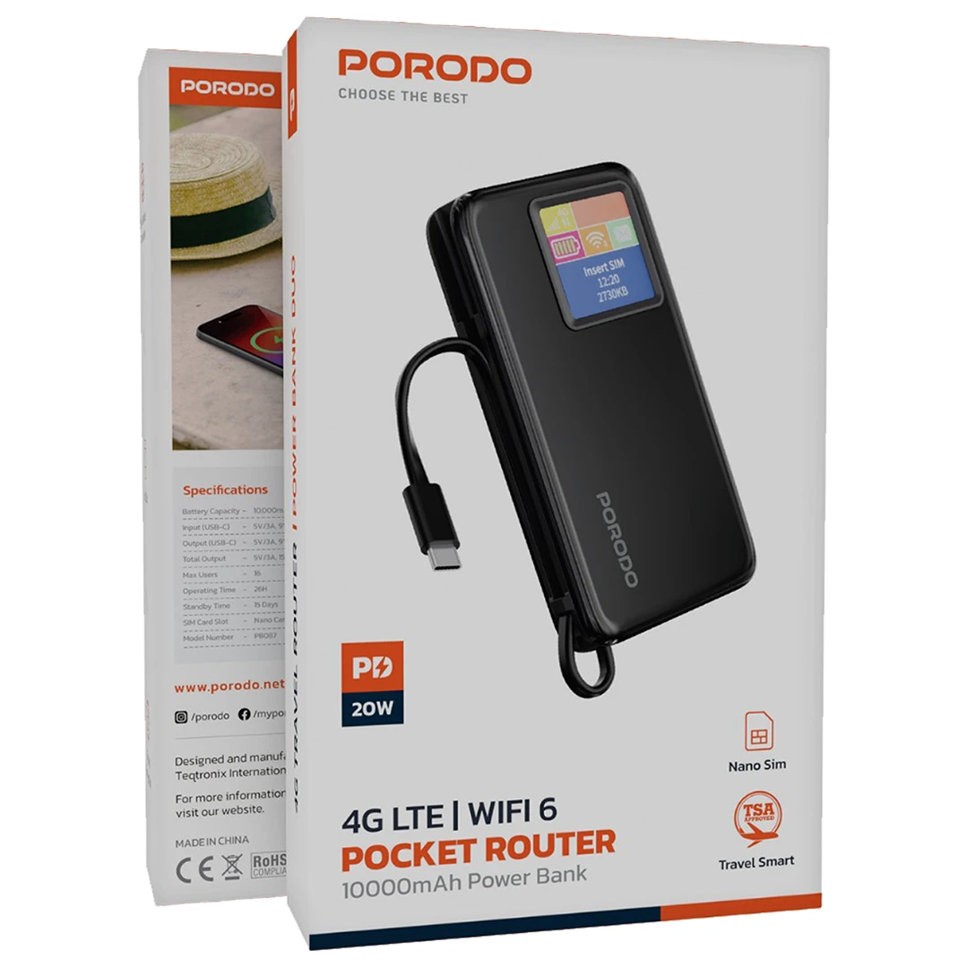 Porodo 4G LTE _ WiFi 6 Pocket Router with 10000mAh Power Bank