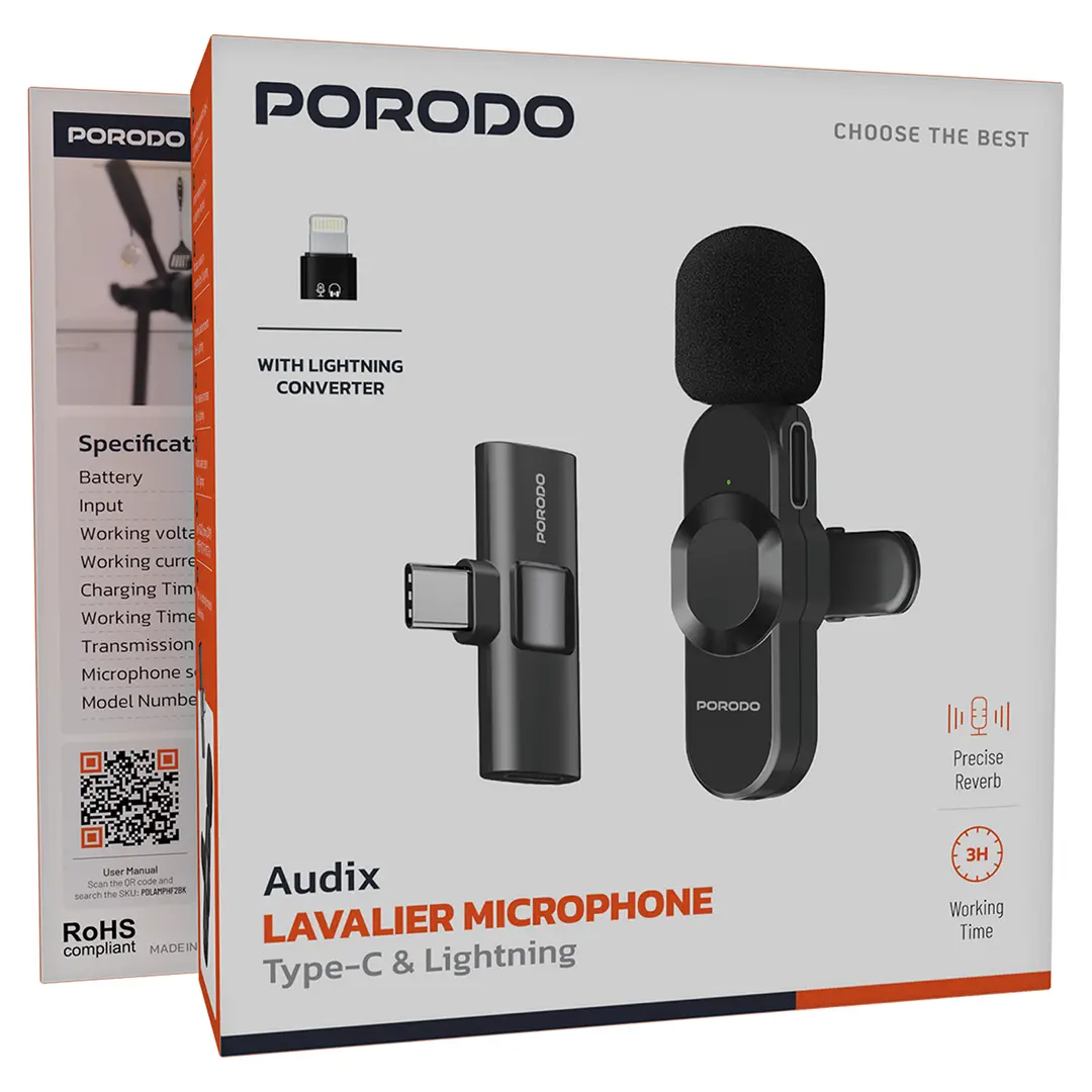 Porodo Audix Lavalier Microphone Type-C & Lightning - Black (1)