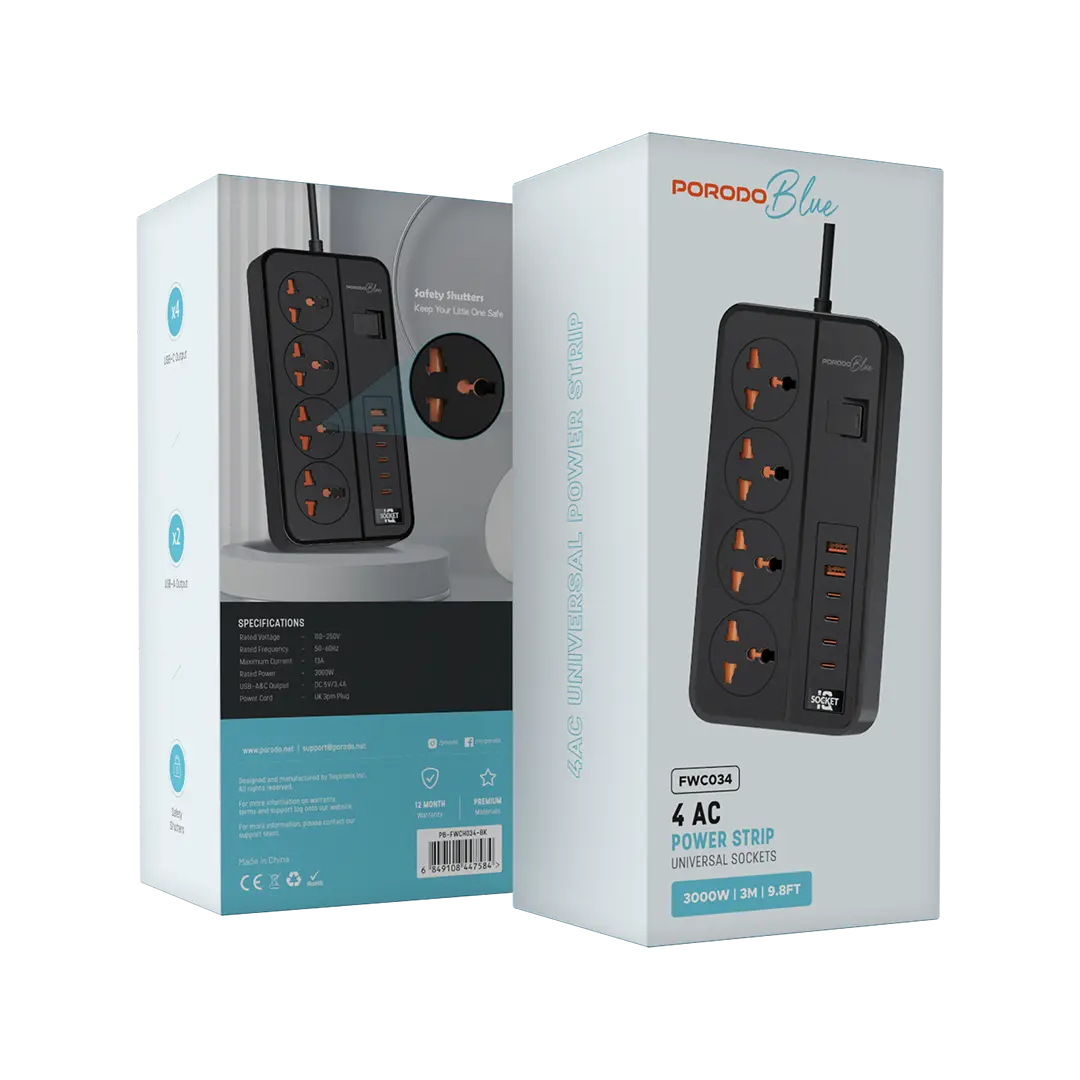 Porodo Blue 4 AC Power Strip - Black