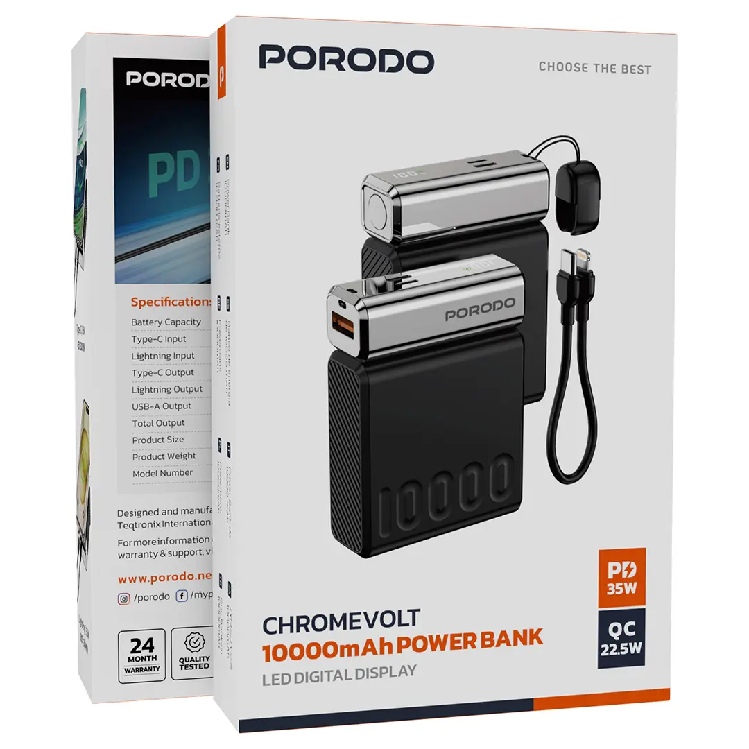 Porodo Chrome Volt 10000mAh Power Bank - Black