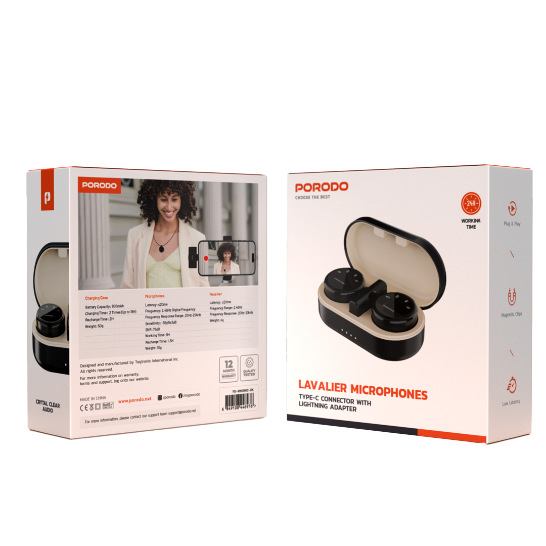 Porodo Lavalier Microphones Type-C Connector With Lightning Adapter - Black