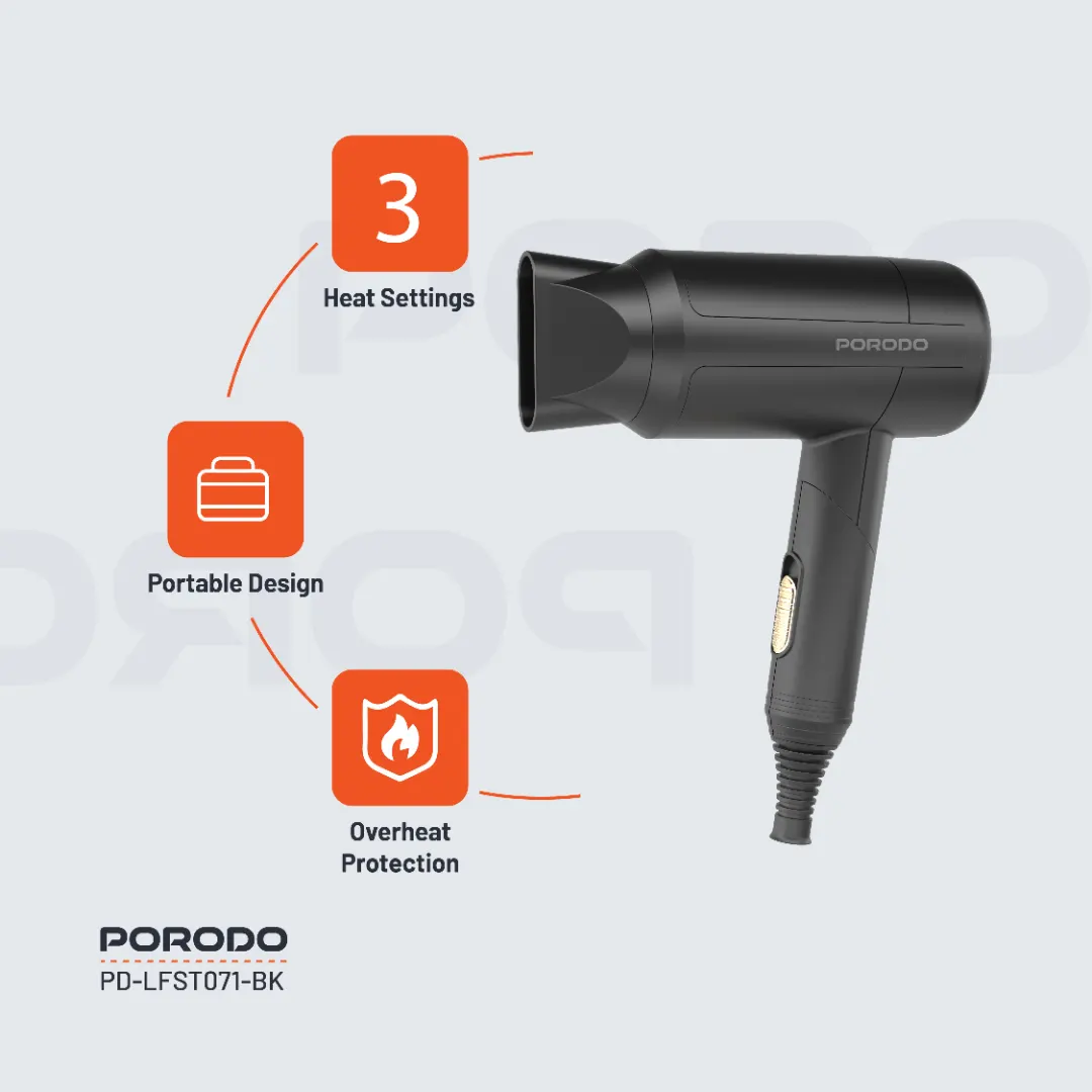 Porodo Lifestyle 1200W Foldable Hair Dryer 1.8M Cable - Black (7)