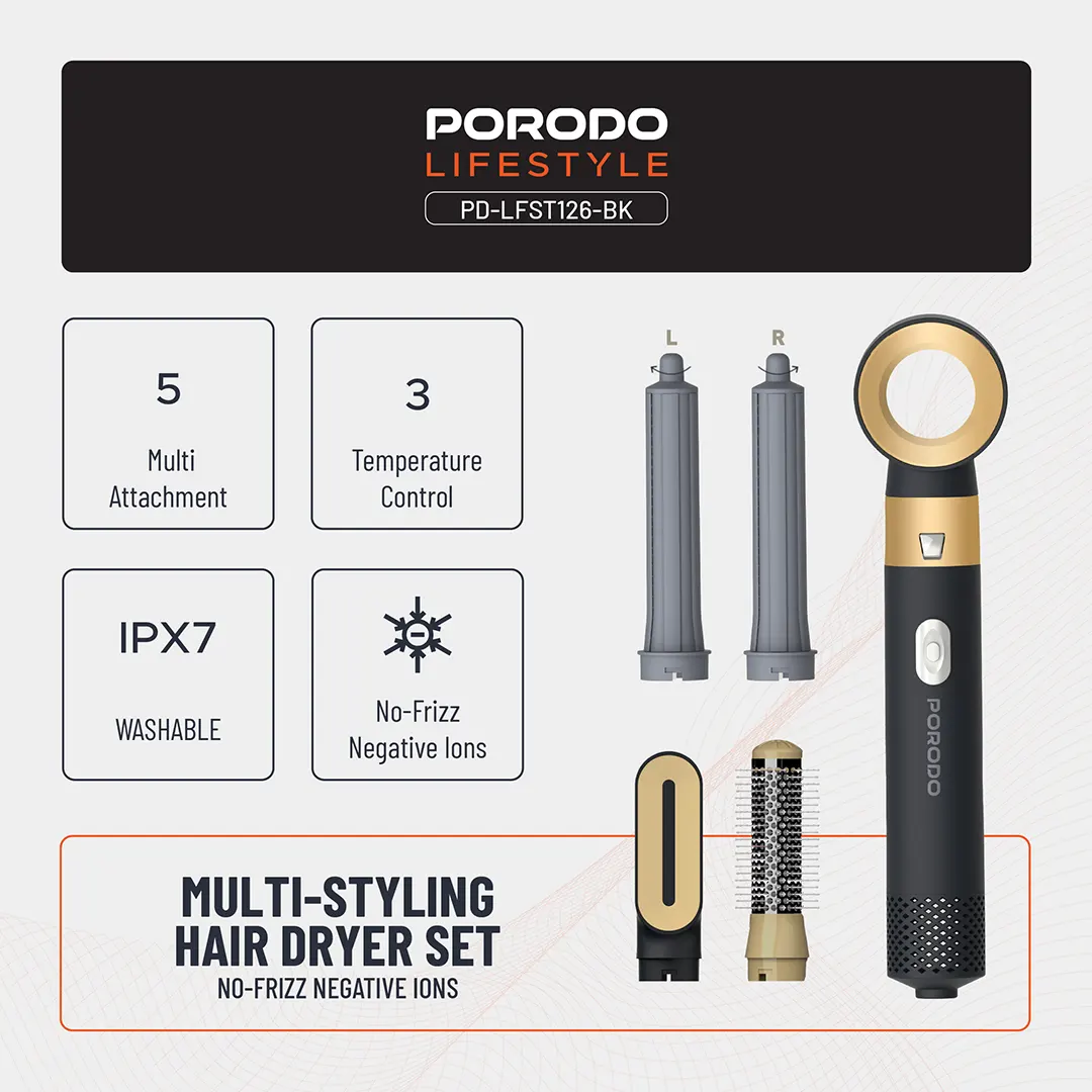 Porodo Lifestyle Multi-Styling Hair Dryer Set - Black