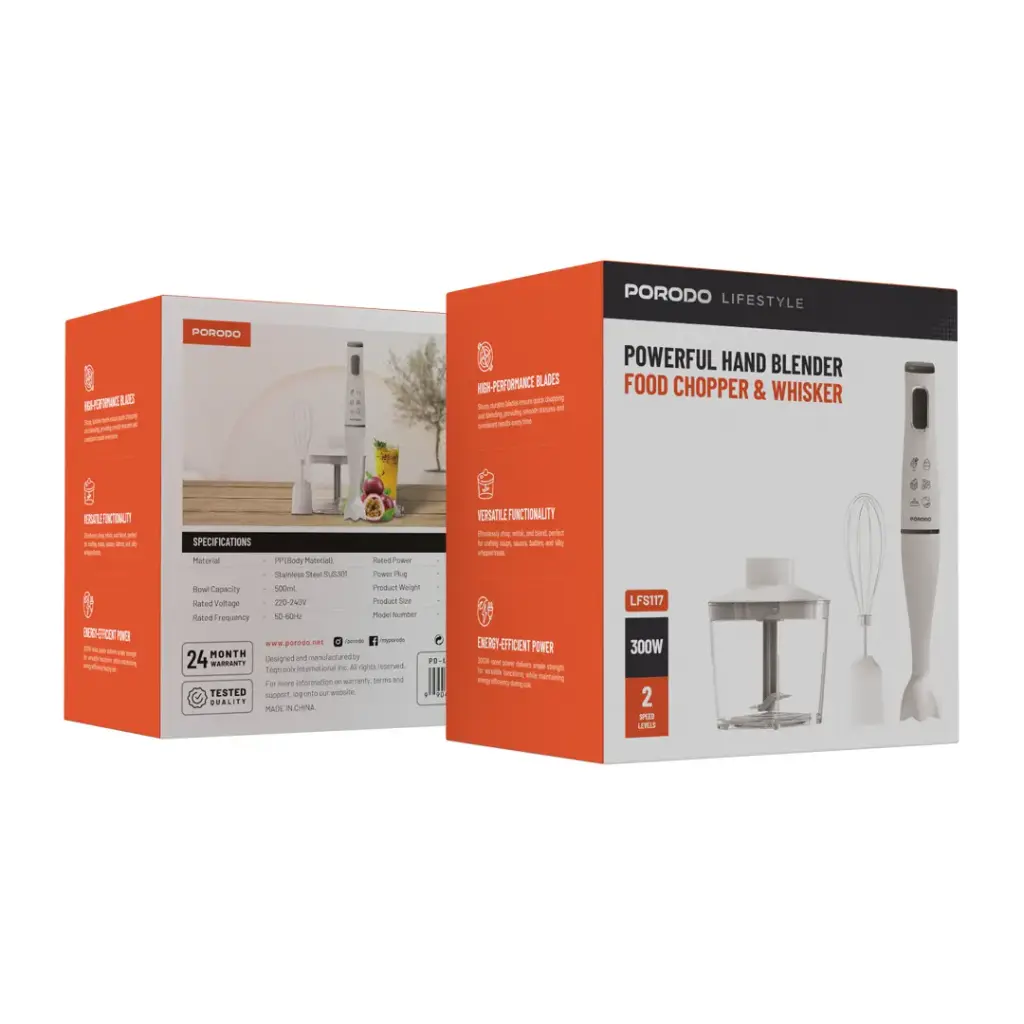 Porodo Lifestyle Powerful Hand Blender Food Chopper & Whisker - White