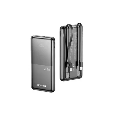 پاوربانک 10000 هزار 22.5 وات با کابل متصل USB-C یا Lightning اوی مدل Awei P76K 10000mAh 22.5W