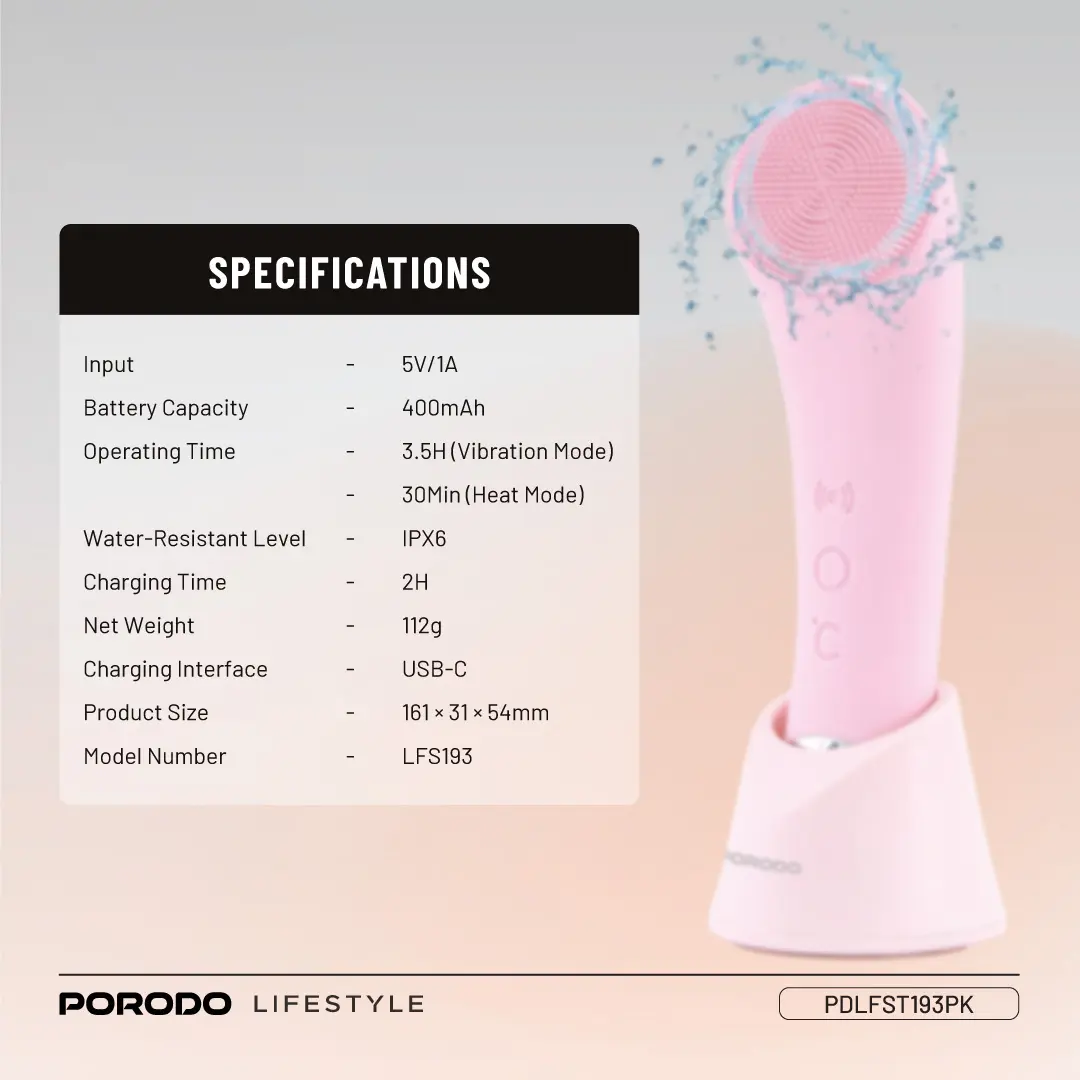 Porodo Lifestyle Sonic Vibration Facial Cleansing Brush - Pink
