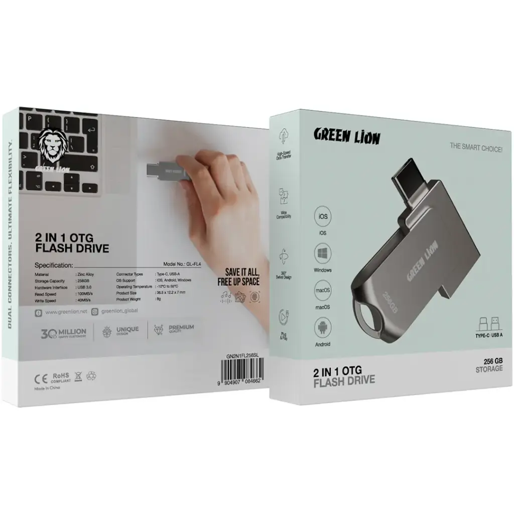 Green Lion 2 in 1 OTG USB-C Flash Drive USB 3.0 - Silver 256 M
