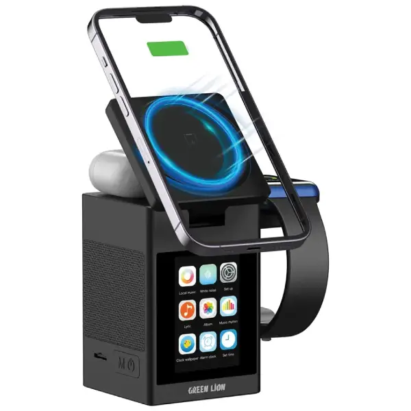 New-Project-44.webp شارژر وایرلس گرین لاین مدل Green Lion Smart Station Pro LCD Display Wireless Charger with Speaker - Image 1