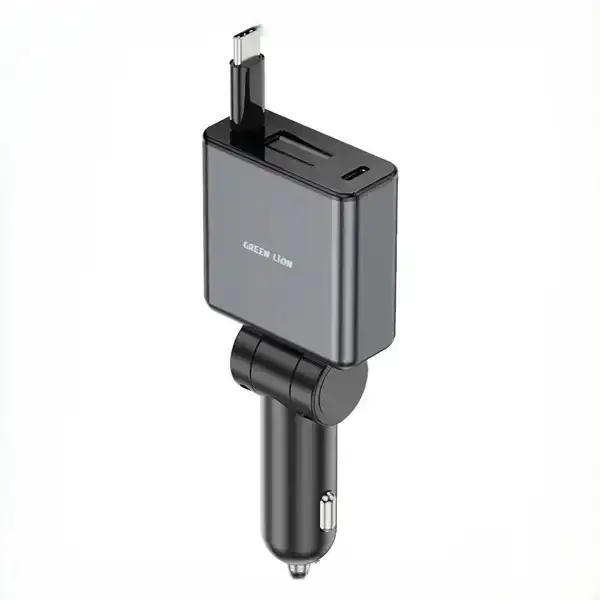 2-4 شارژر فندکی ۷۵ وات با کابل جمعشونده گرین لاین مدل Green Lion Retractable Car Charger GNRT75WCCGY - Image 1